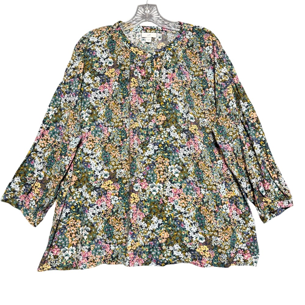 J. Jill Blouse Womens L Tall Multi Floral Rayon Boho Cottagecore Prairie Artsy